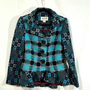 An Ren New York Wool Blend Jacket Medium Gray Blue Black Geometric Peplum Retro